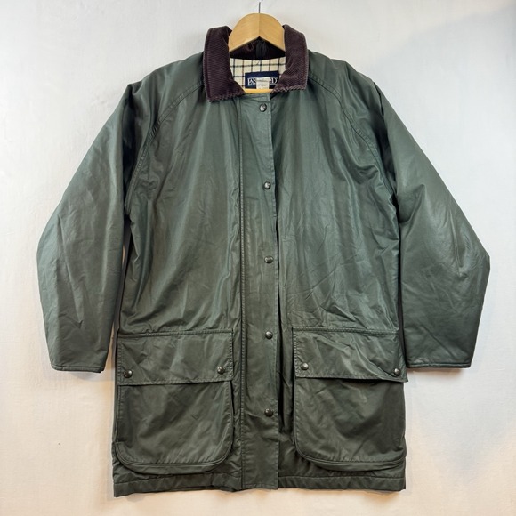 Lands‎ End Womens Waxed Barn Jacket Green Plaid Lined Corduroy Collar Medium - Picture 2 of 15